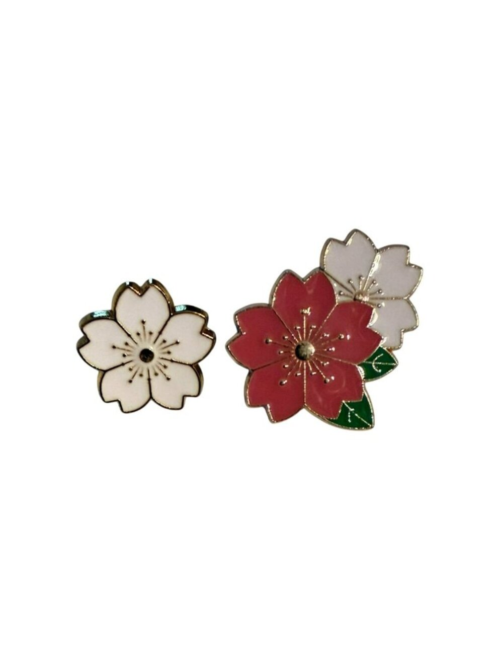 Two (2) Sakura Cherry Blossom Enamel Lapel Pin Set Pink & White Flower Design